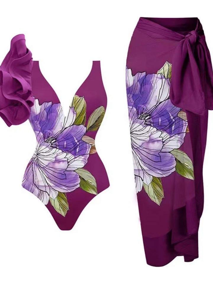 Tie Shoulder One Piece Swim Set with Sarong