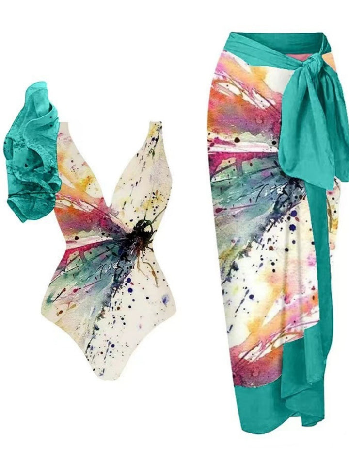 Tie Shoulder One Piece Swim Set with Sarong