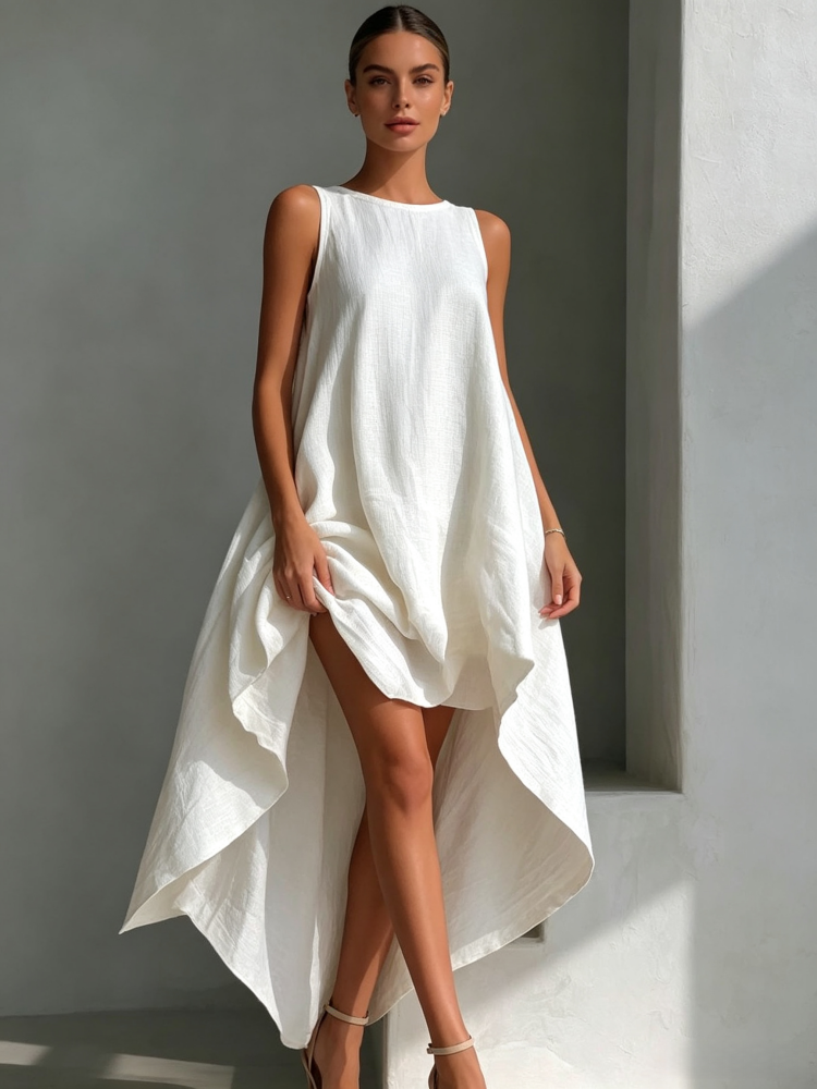 Sleeveless cotton-linen dress with a high-low hem