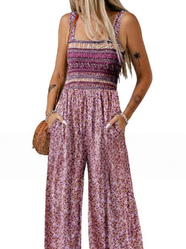 Smocked Square Neck Wide Leg Floral Jumpsuit