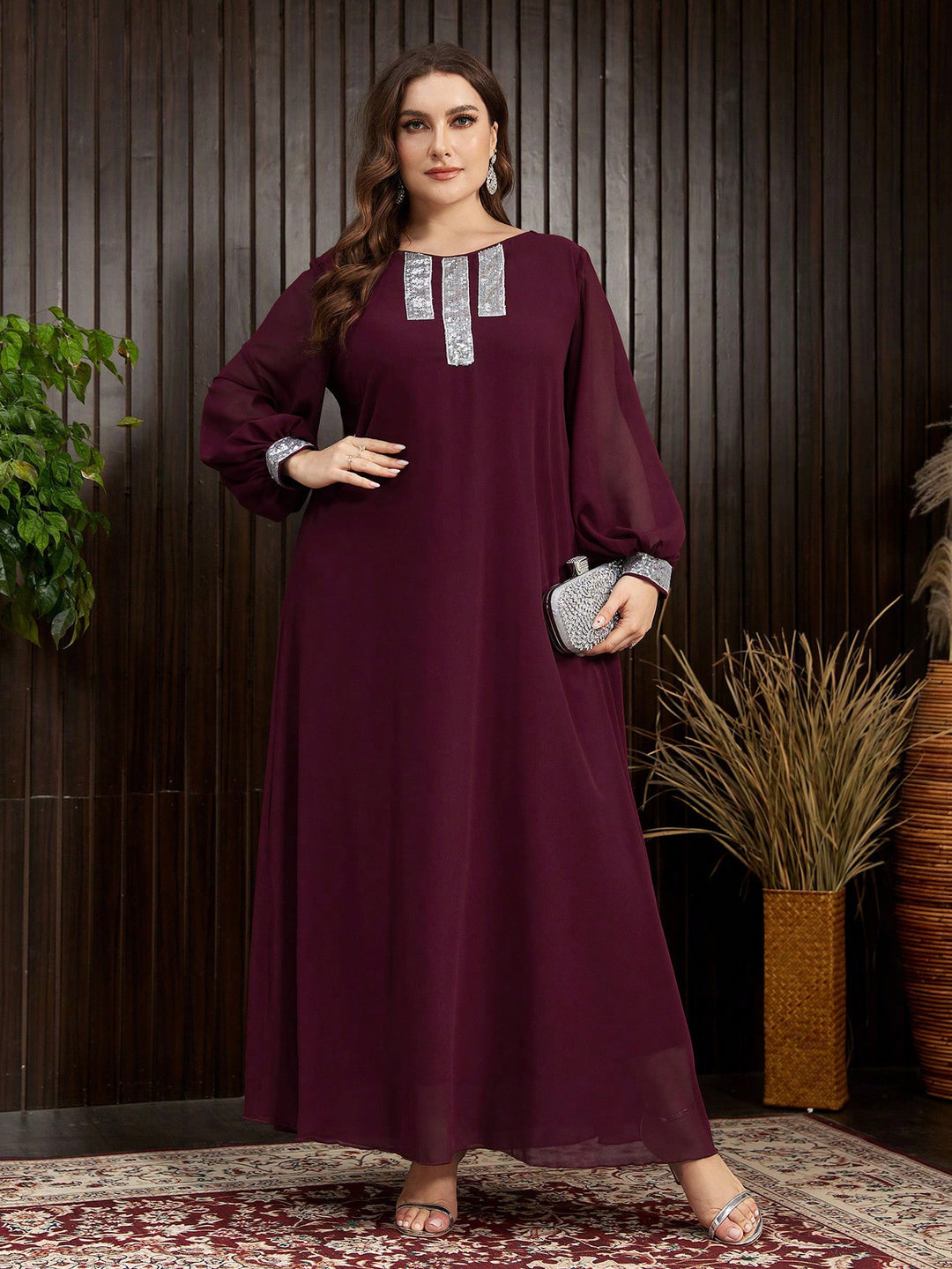 Burgundy sequined elegant long dress