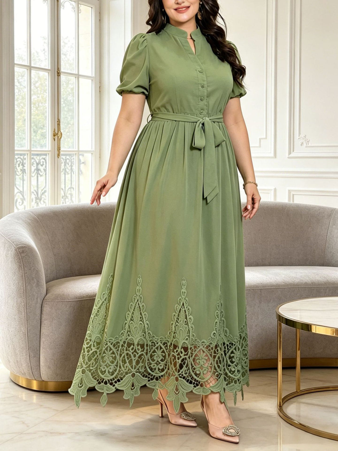 Puff sleeve, fitted waist, tie-waist lace dress