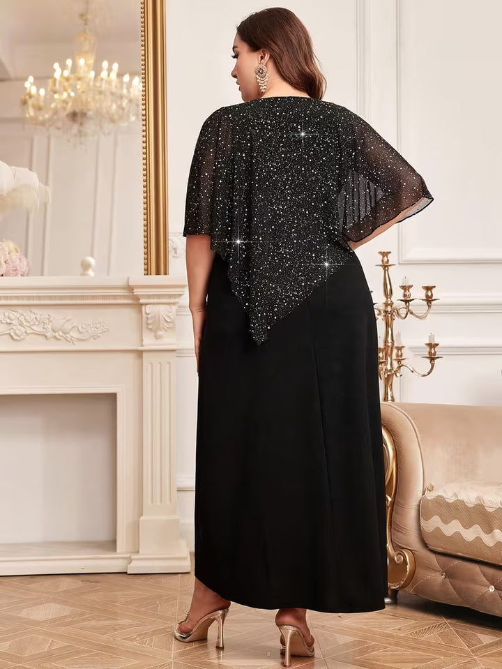 Elegant V-neck fitted waist batwing sleeve long dress
