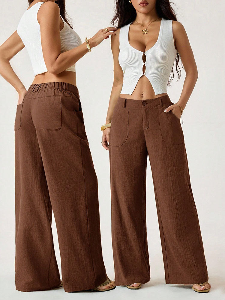 Mid-waisted straight-leg cotton-linen wide-leg pants
