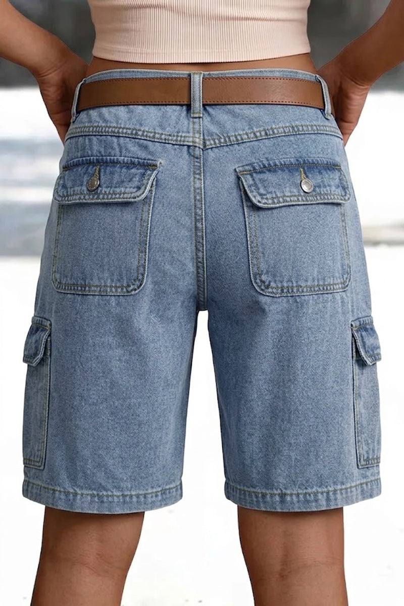 Vintage-wash denim utility shorts