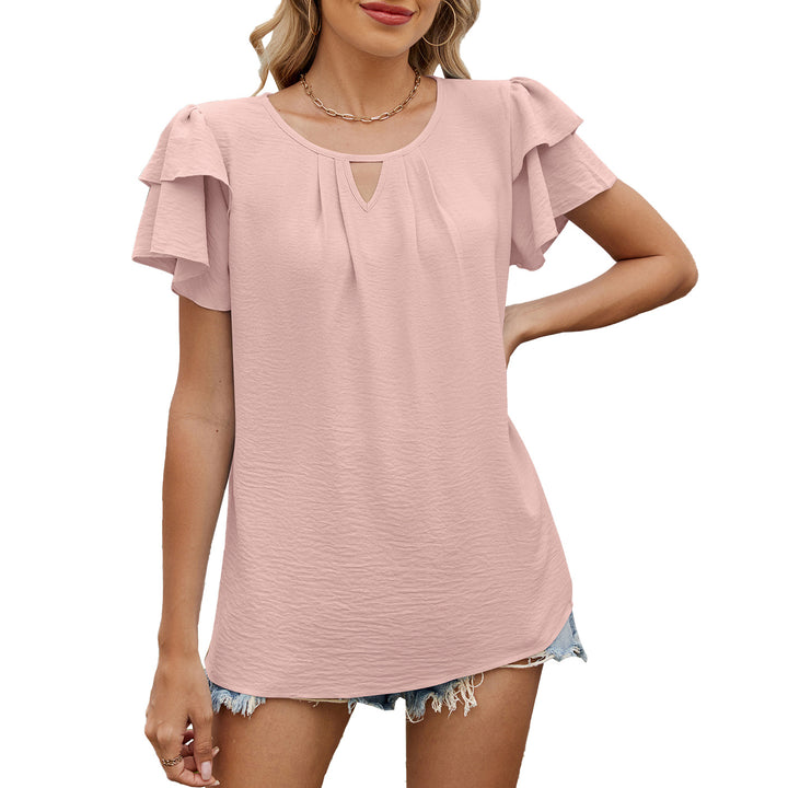 Solid color V-neck hollowed-out double-layer sleeve loose chiffon T-shirt