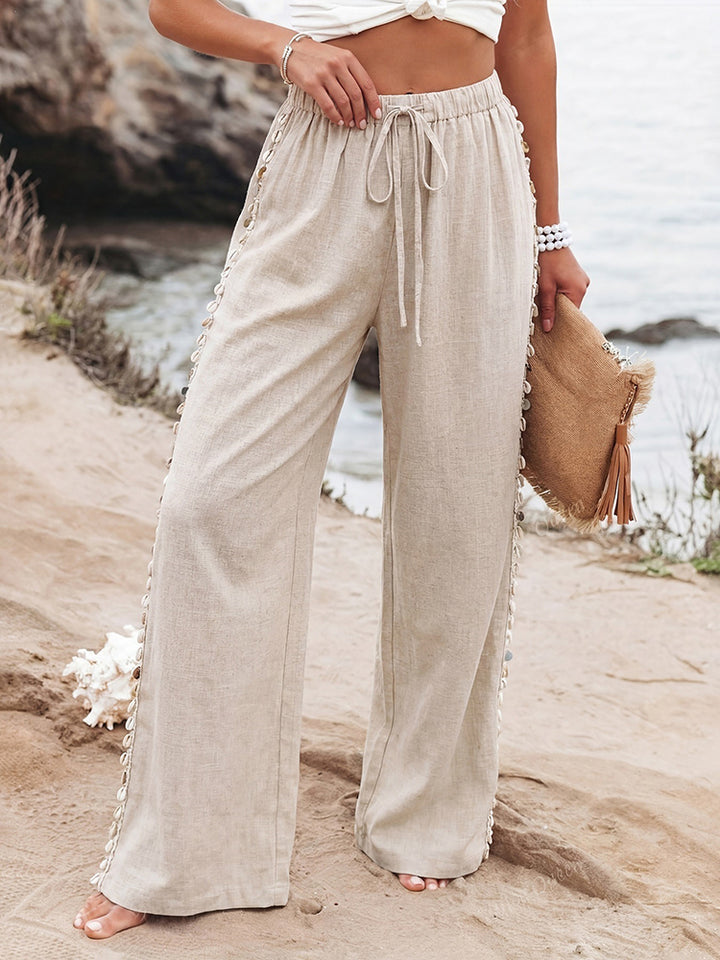 Casual Resort-Style Sequined Shell-Motif Wide-Leg Pants