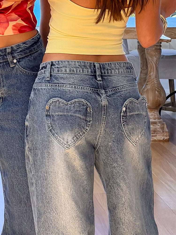 Retro heart-shaped back pocket loose jeans