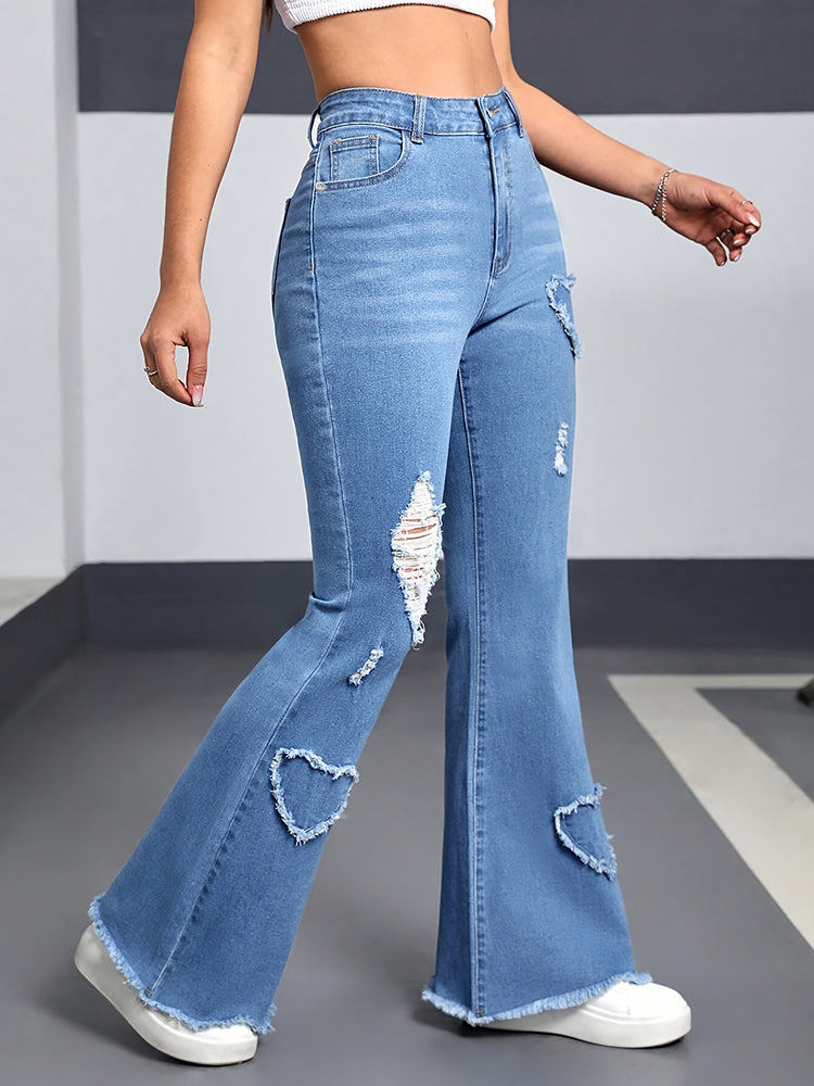 Women’s Jeans Stretch Heart-Shaped Pattern Ripped Bootcut Pants