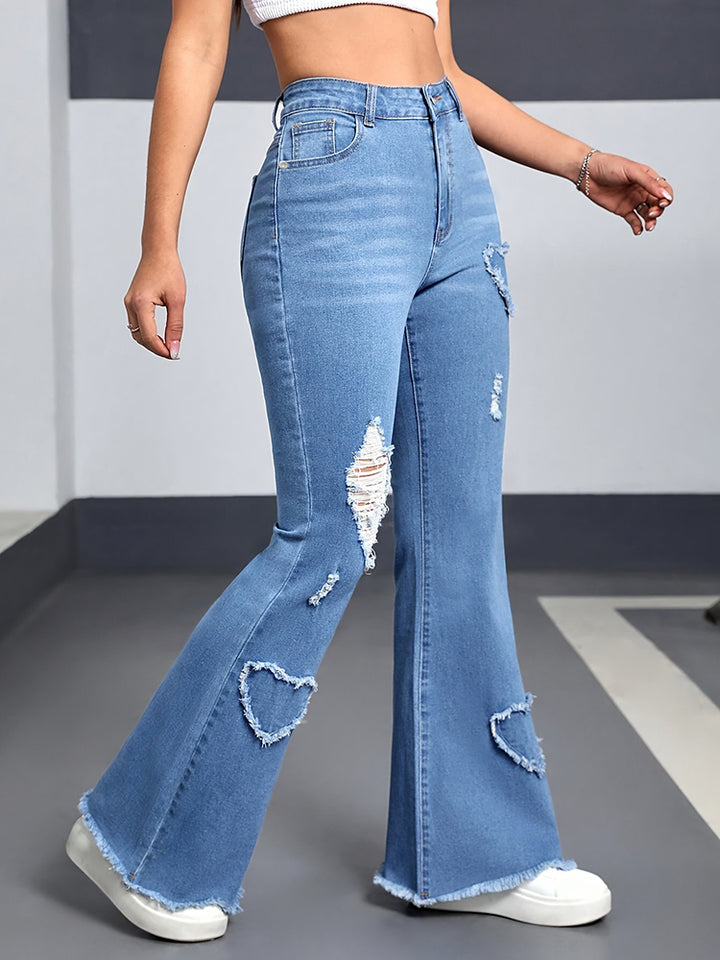 Women’s Jeans Stretch Heart-Shaped Pattern Ripped Bootcut Pants