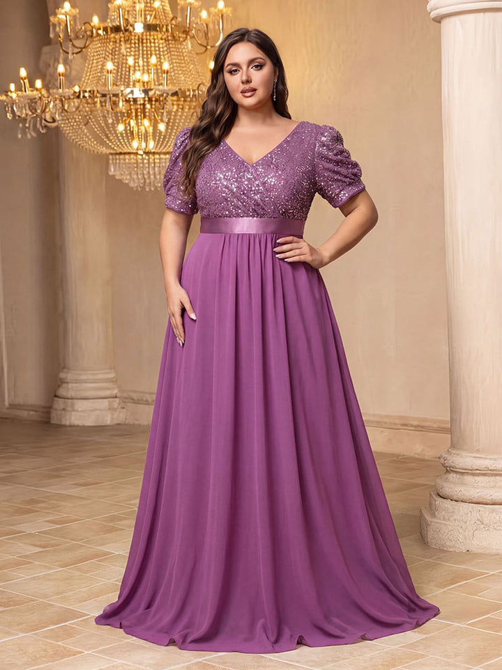 V-neck puff sleeve plus-size evening dress