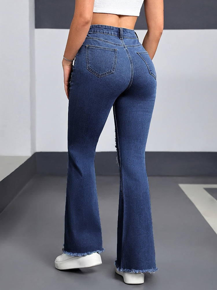 Women’s Jeans Stretch Heart-Shaped Pattern Ripped Bootcut Pants