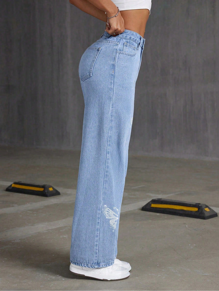 Rhinestone butterfly straight leg jeans