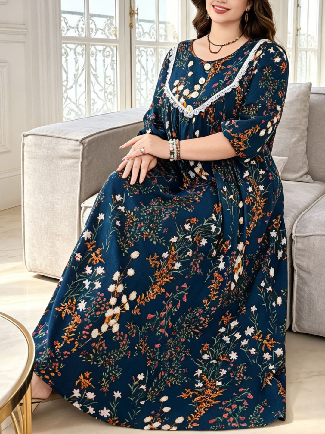 Round neck lantern sleeve floral maxi dress