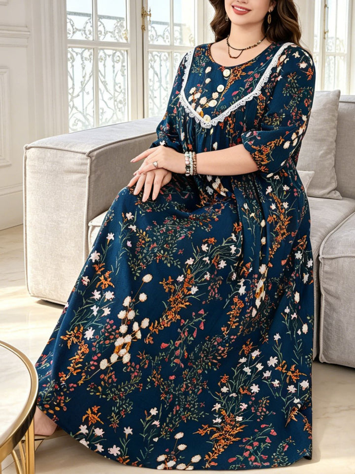 Round neck lantern sleeve floral maxi dress