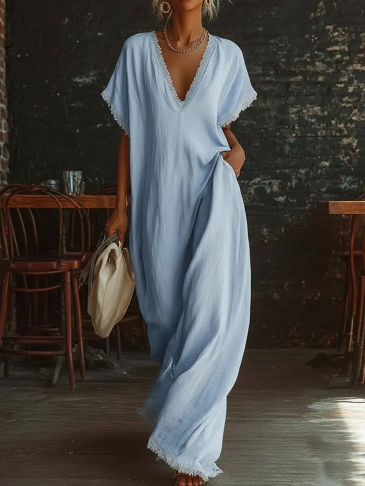 V-Neck Lace Trim Linen Caftan Dress