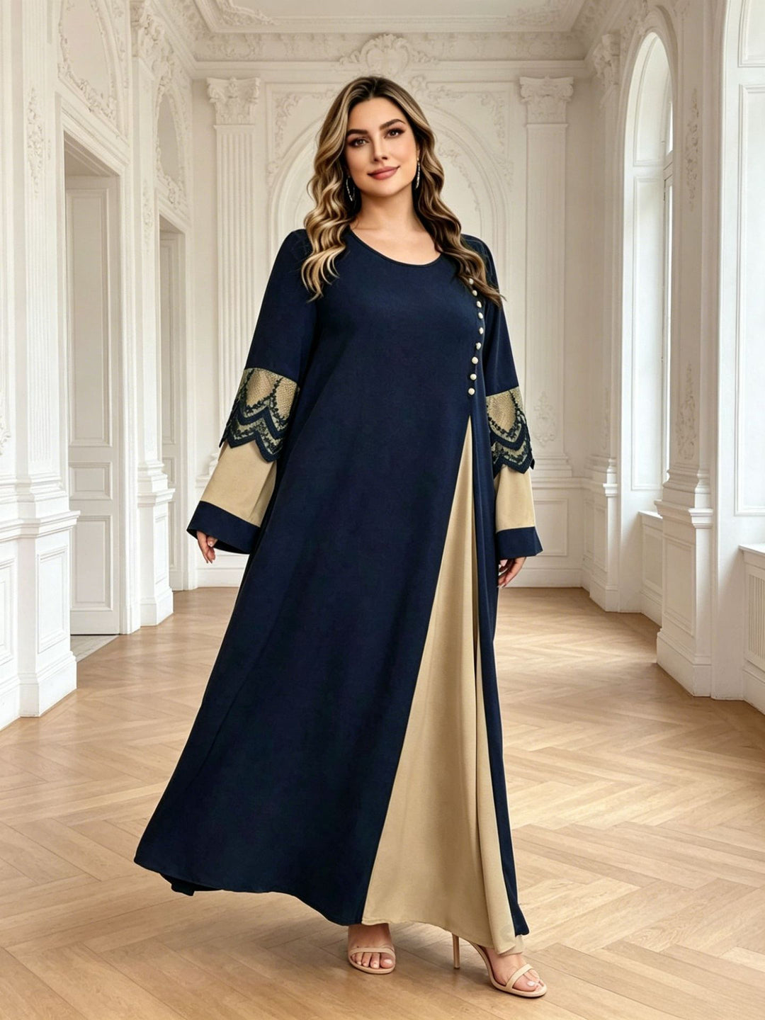 Color-blocked lace long-sleeved beaded maxi dress