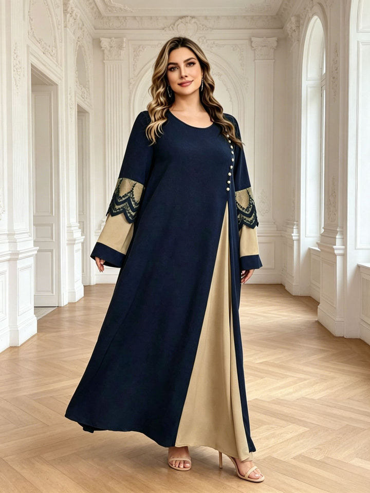 Color-blocked lace long-sleeved beaded maxi dress