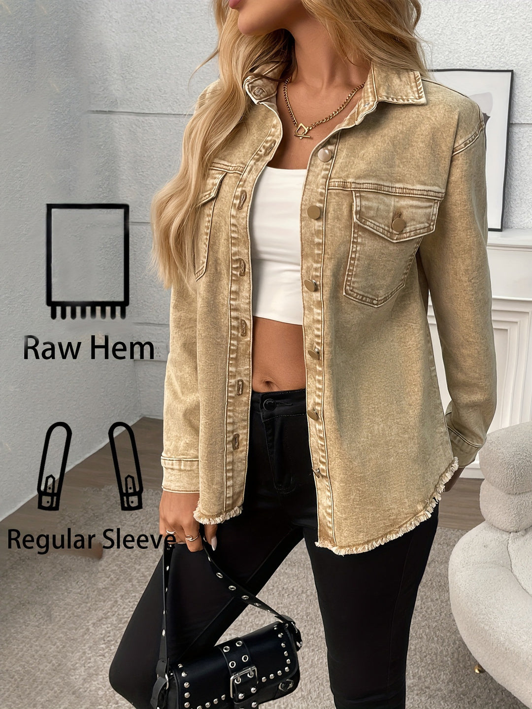 Stretch long-sleeved loose denim jacket with pockets