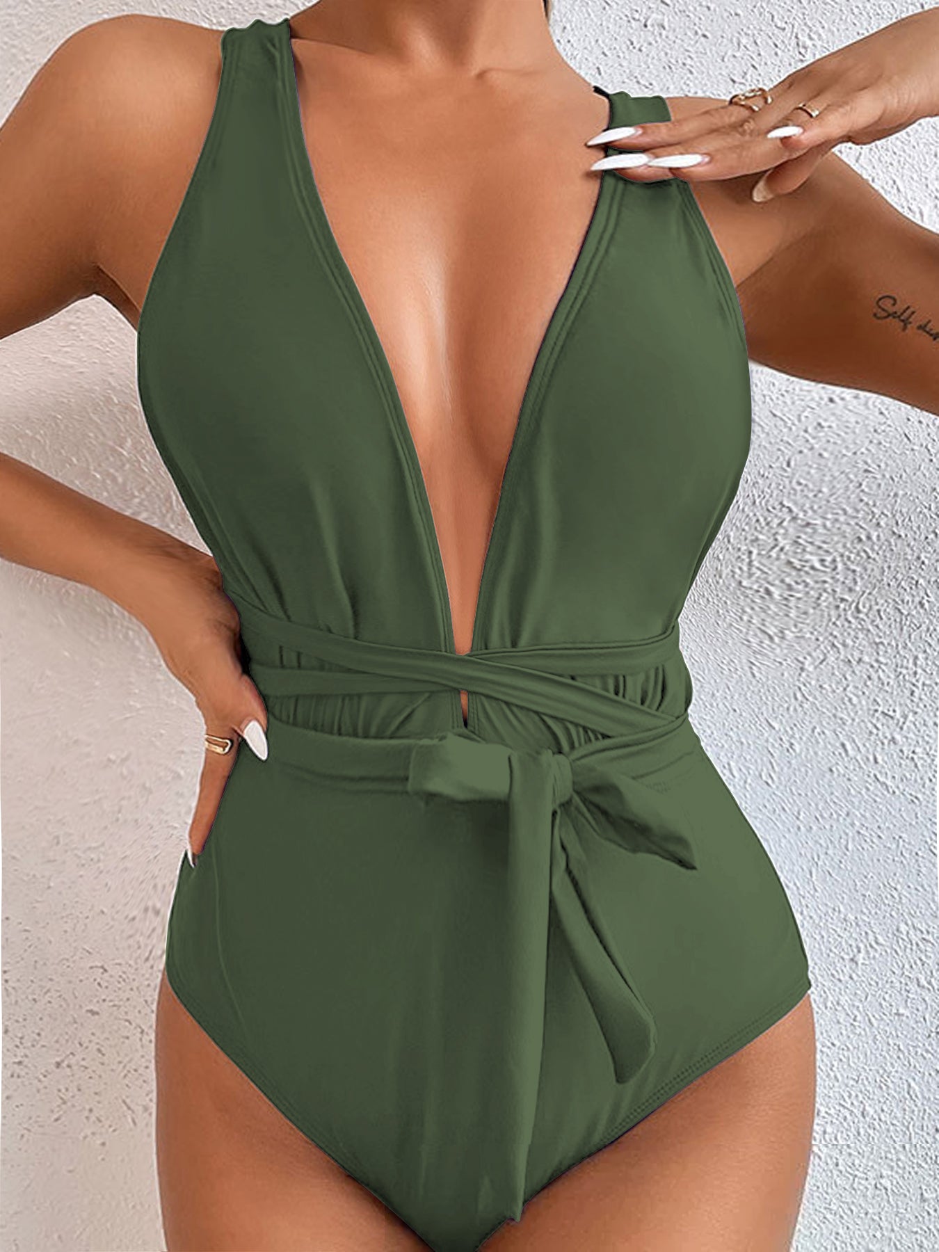 Elegant Deep V One-Piece Swimsuit with Waist Tie – Multiple Colors