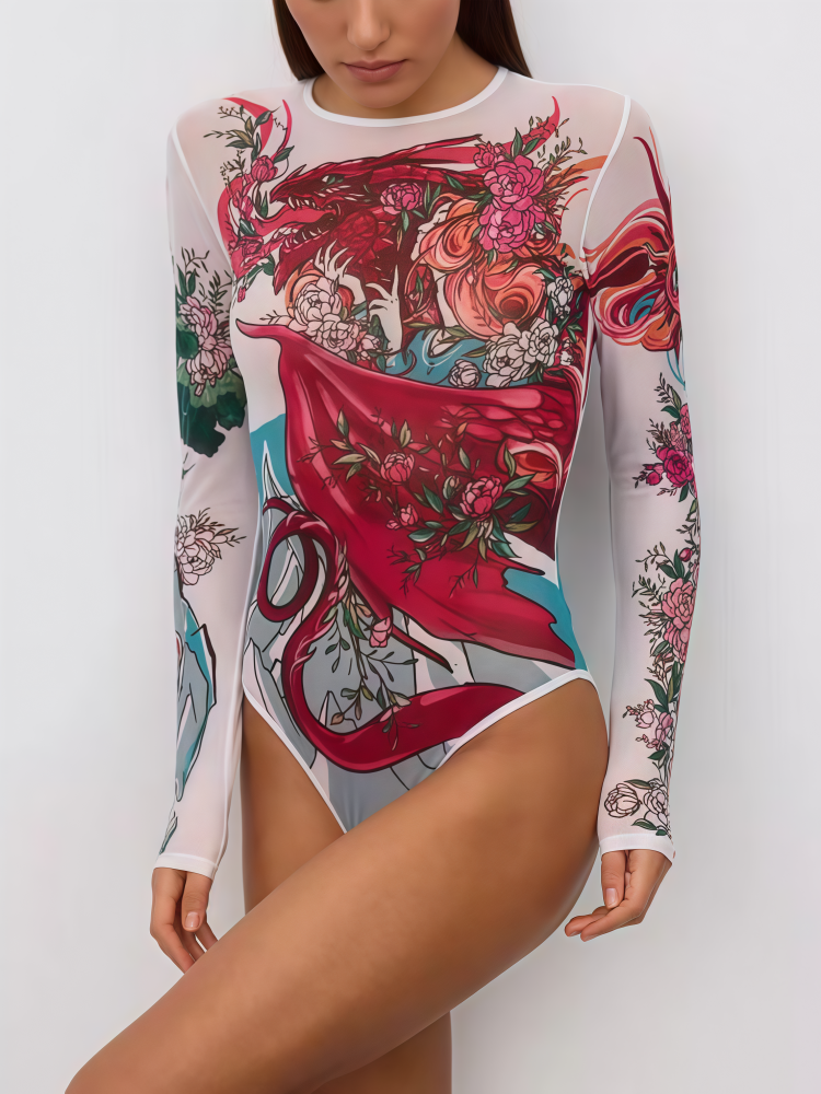 Tattoo Print One-Piece Swimsuit – Long Sleeve Sexy Bodysuit Swimwear