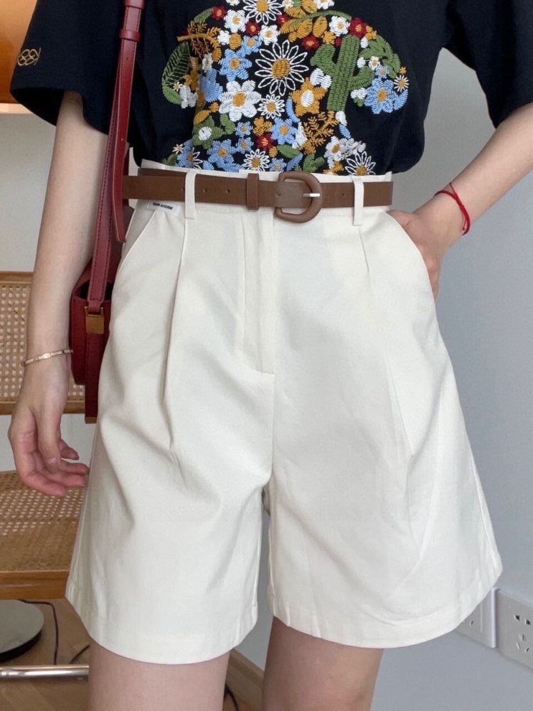 High-Waisted Cotton Wide-Leg Bermuda Shorts