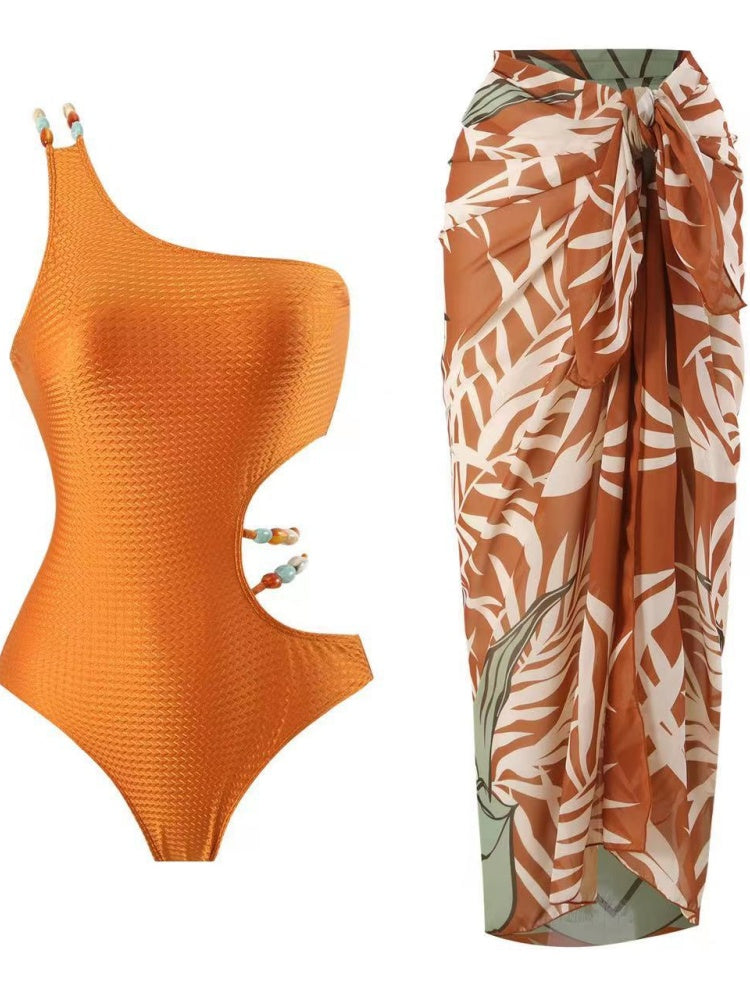 Tie Shoulder One Piece Swim Set with Sarong