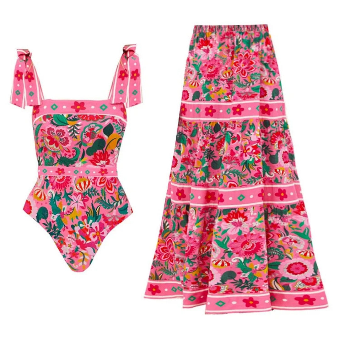 Vibrant Floral Tie Shoulder One Piece Swimsuit &amp; Tiered Maxi Skirt Set