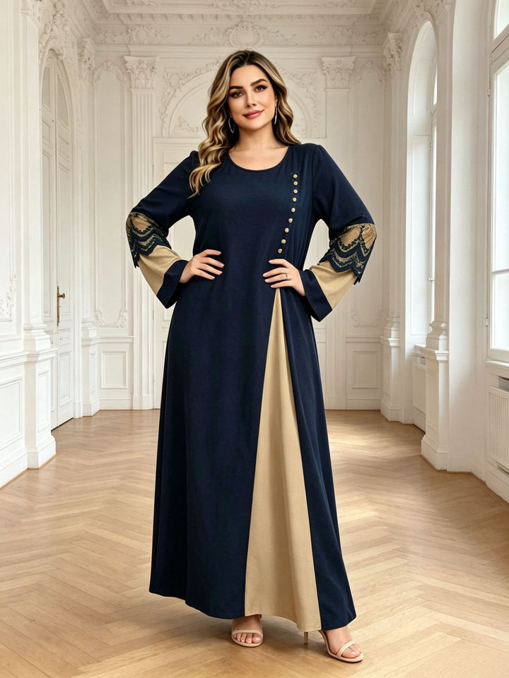Color-blocked lace long-sleeved beaded maxi dress
