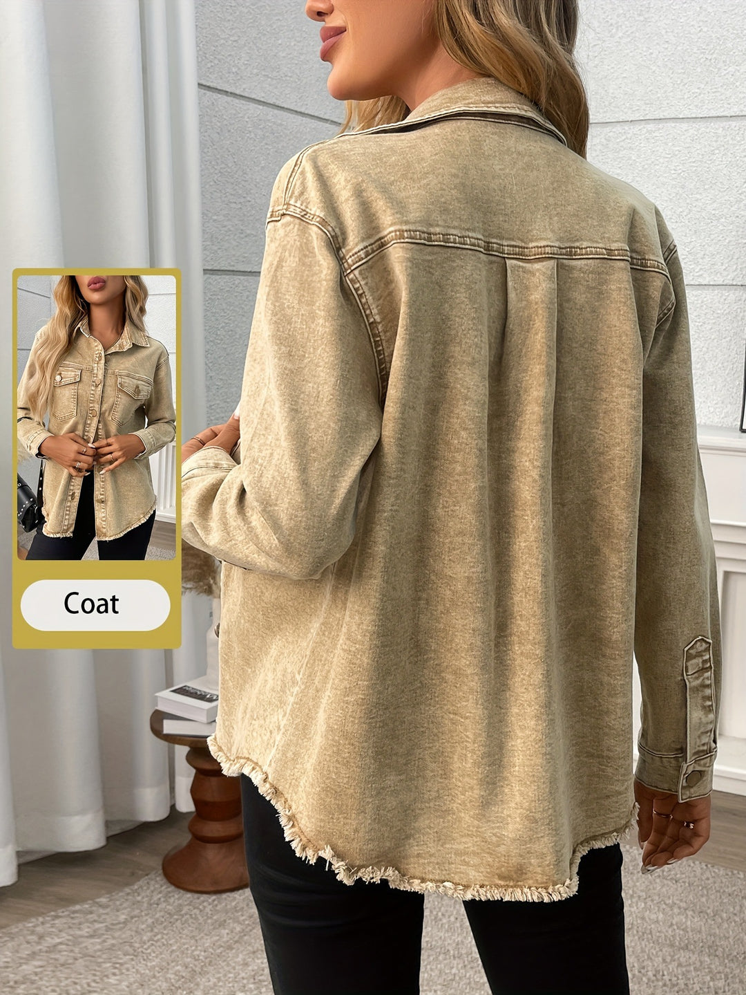 Stretch long-sleeved loose denim jacket with pockets