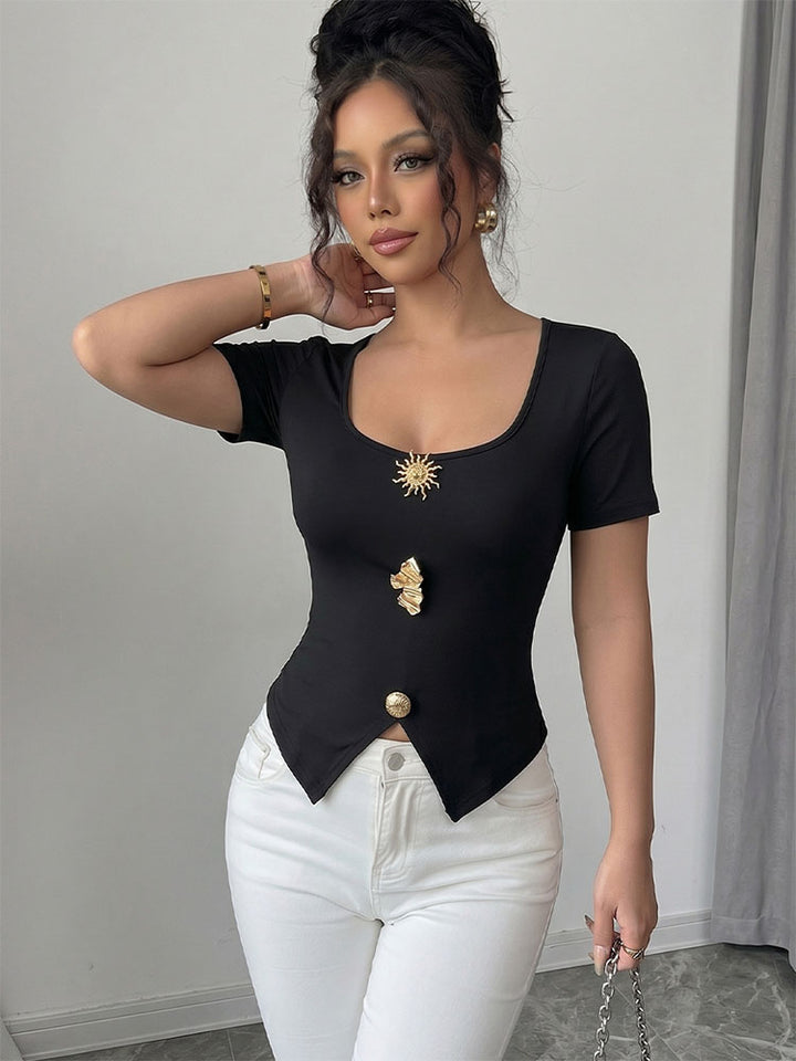 U-neck, slit, slim-fit short-sleeved top