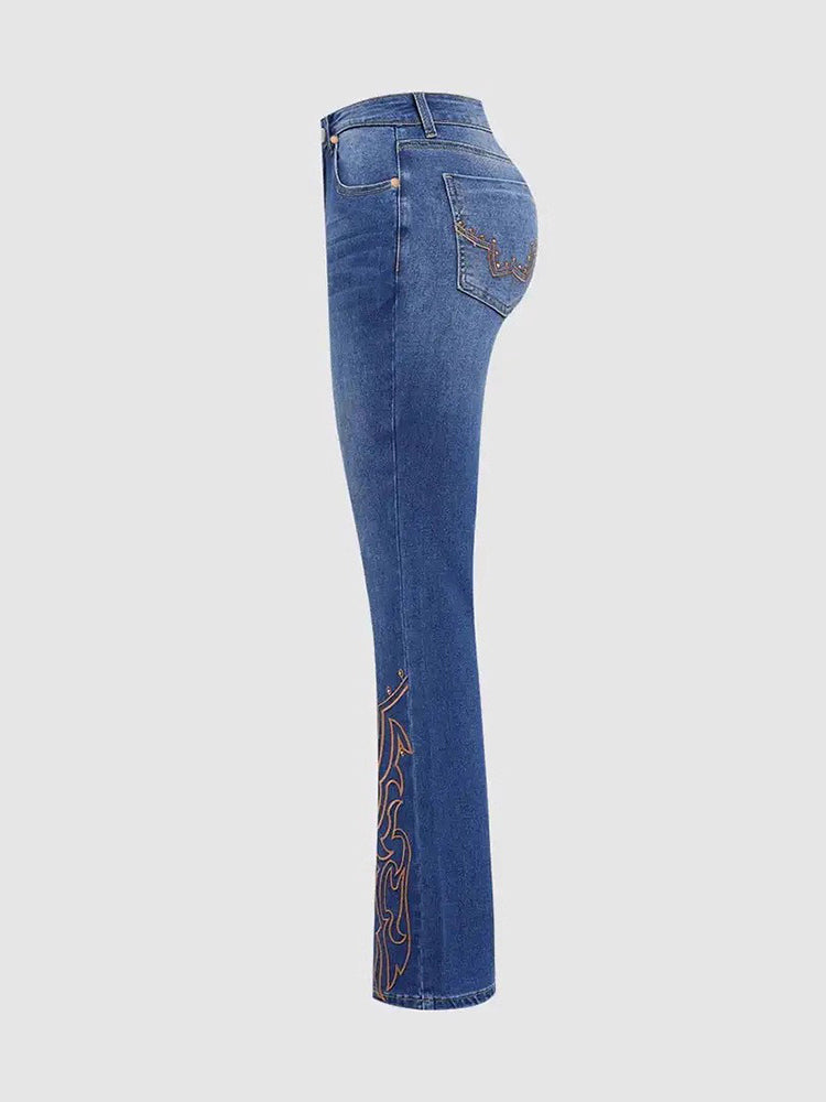 Beaded Embroidered Stretch Slight Flared Slim Fit Jeans