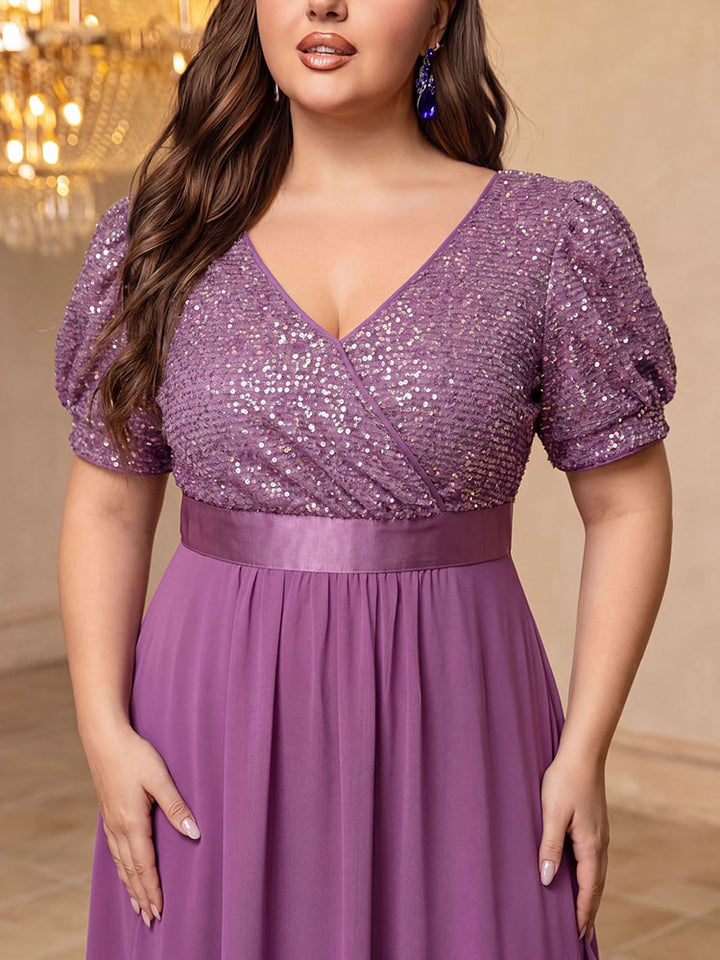 V-neck puff sleeve plus-size evening dress