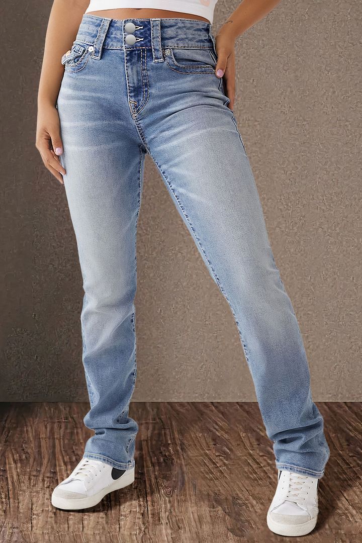 Double-button mid-rise straight-leg jeans