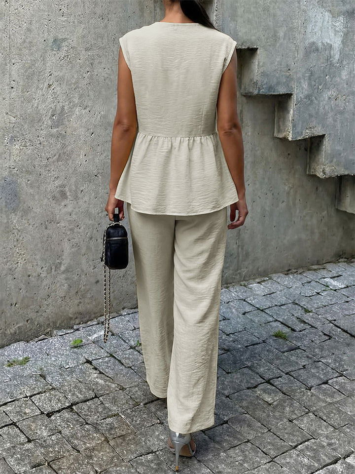 V-neck sleeveless top with ruffled hem and wide-leg pants set