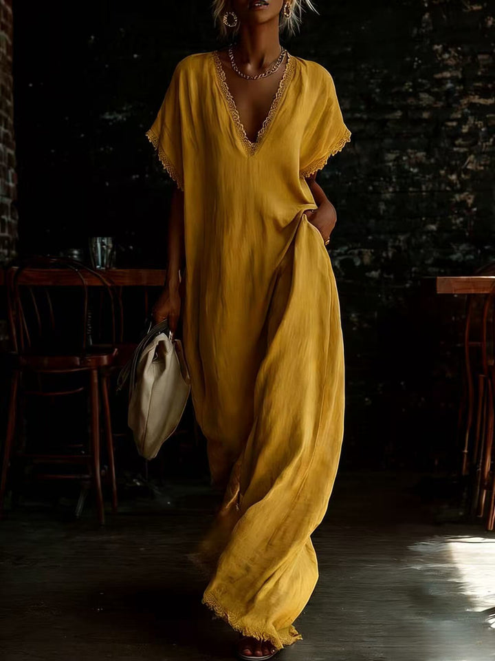 V-Neck Lace Trim Linen Caftan Dress