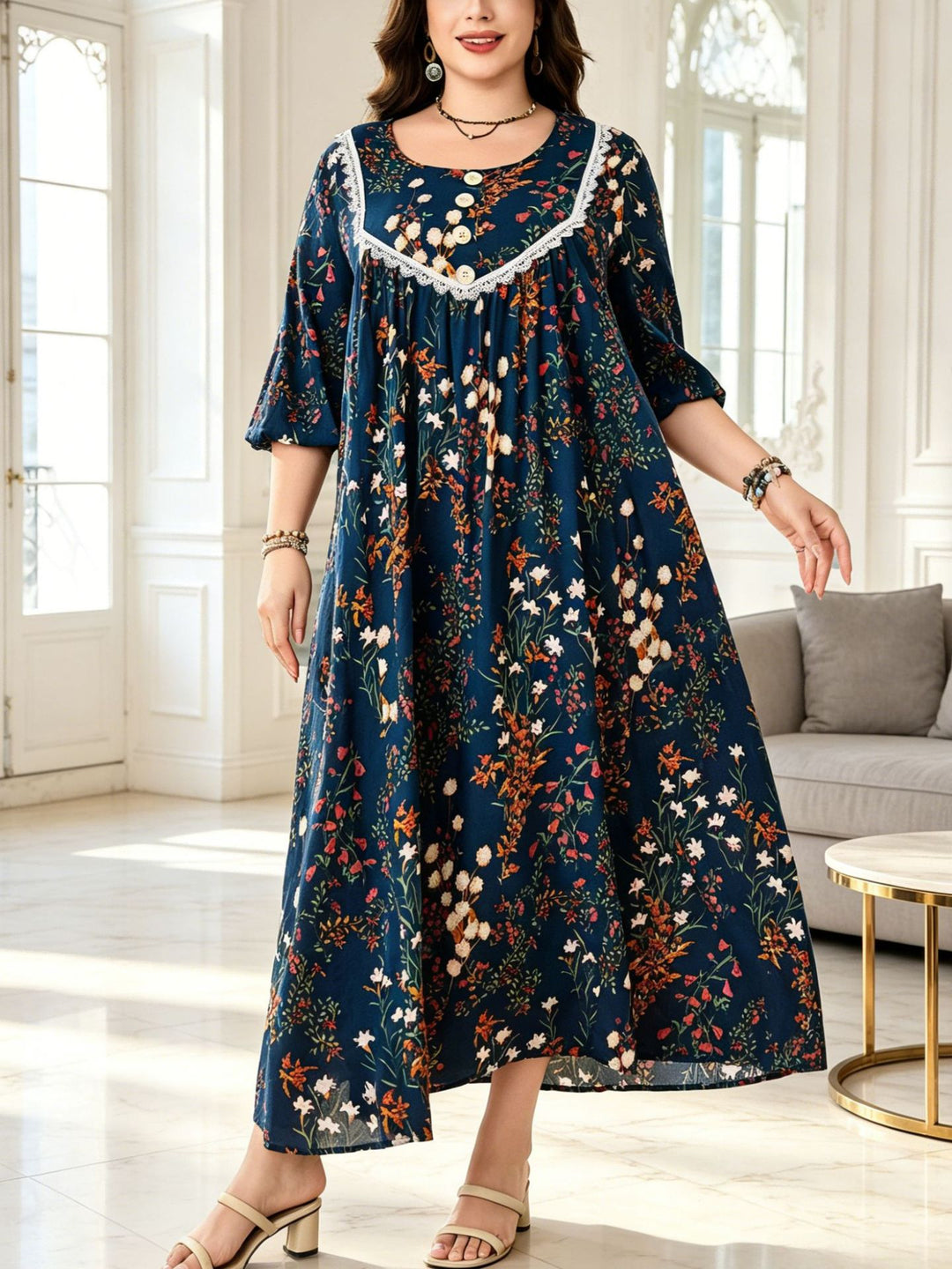 Round neck lantern sleeve floral maxi dress