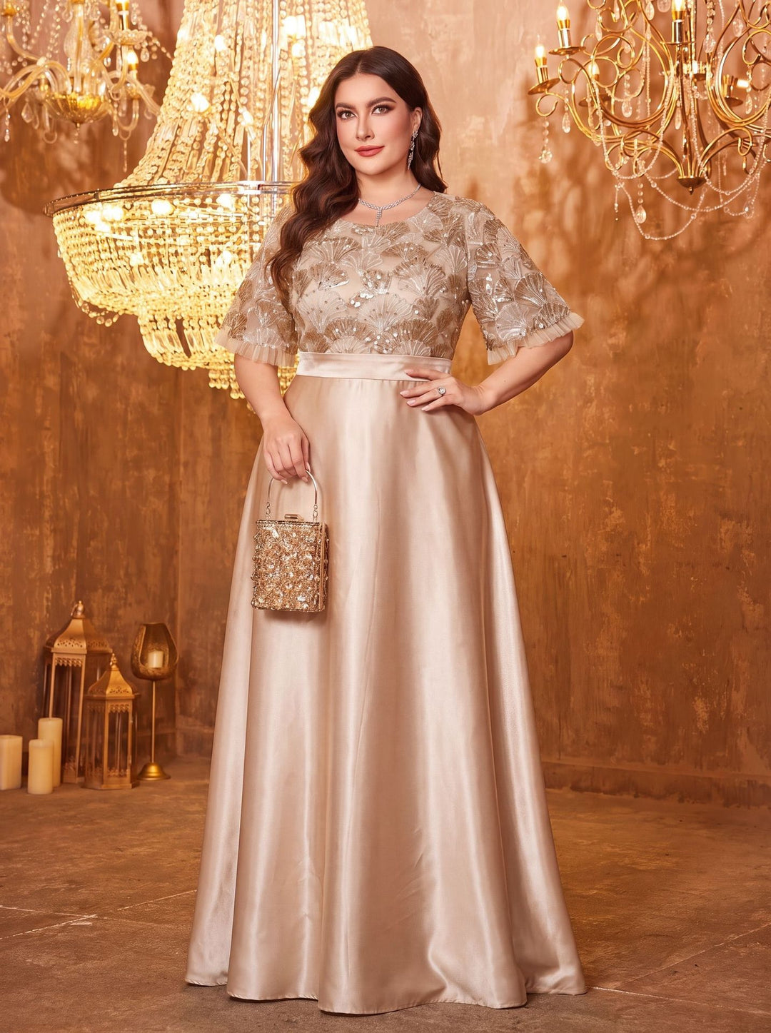 Rope Embroidery Round Neck Evening Gown