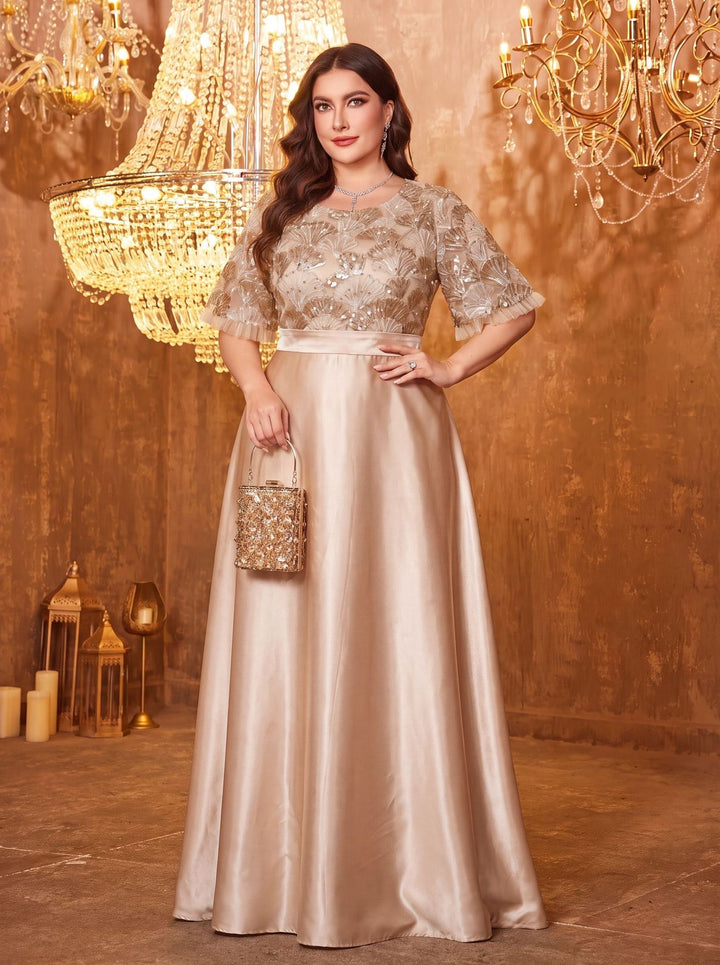 Rope Embroidery Round Neck Evening Gown