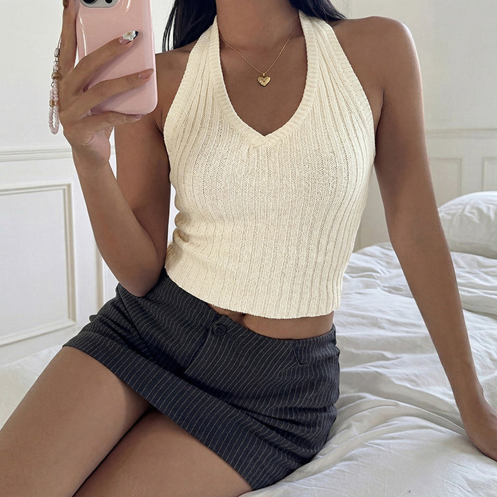 Slim-fit knit halter neck tank top