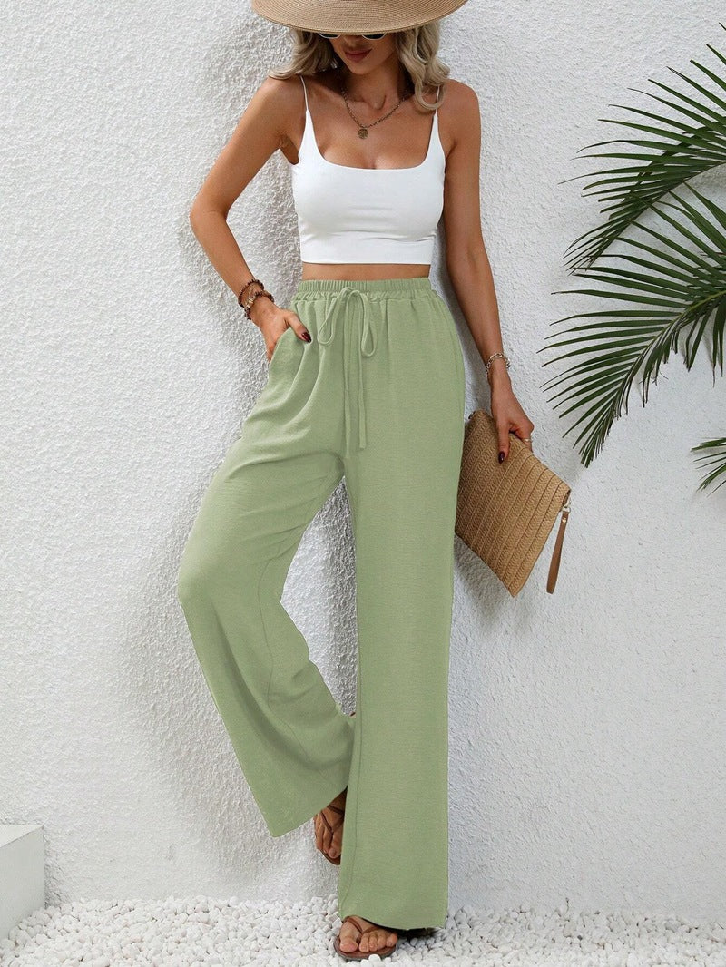 Elastic Waist Drawstring Wide Leg Pants