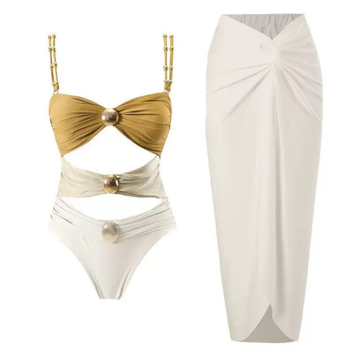 Beaded Strap Cutout Twist Front Swimsuit &amp; Wrap Skirt Set