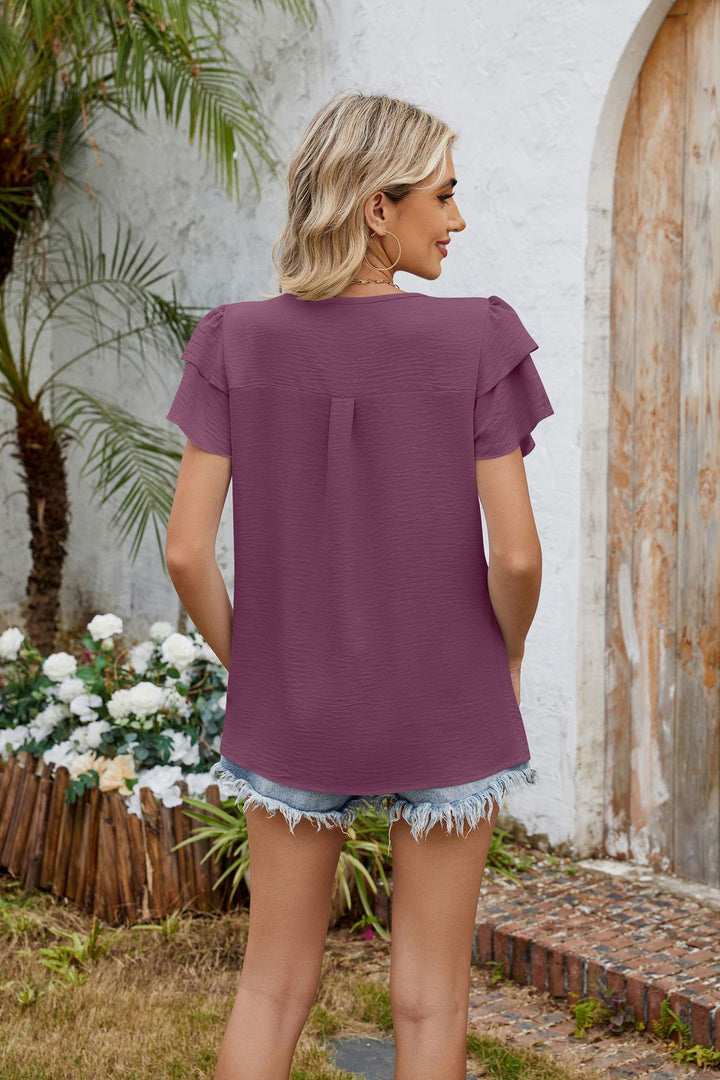 Solid color V-neck hollowed-out double-layer sleeve loose chiffon T-shirt