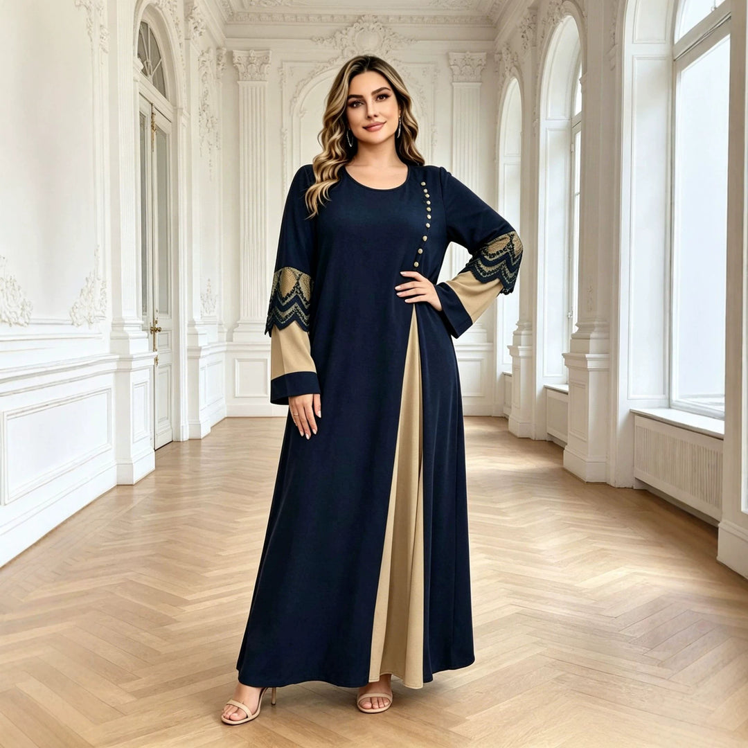 Color-blocked lace long-sleeved beaded maxi dress