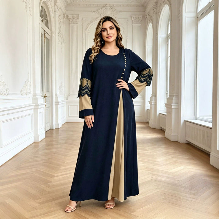 Color-blocked lace long-sleeved beaded maxi dress
