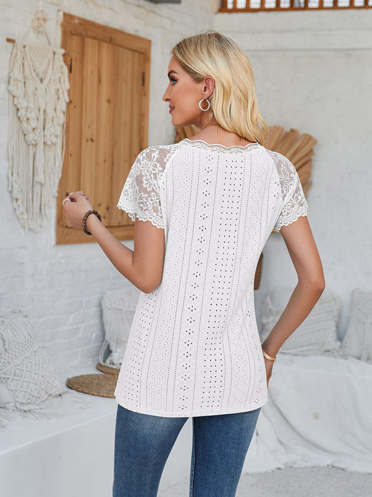 New V Neck Lace Splicing Loose Casual Eyelet T-Shirt