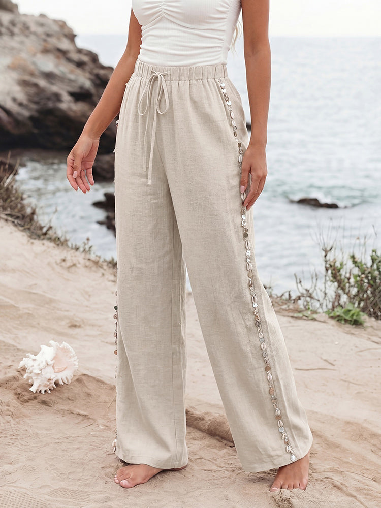 Casual Resort-Style Sequined Shell-Motif Wide-Leg Pants