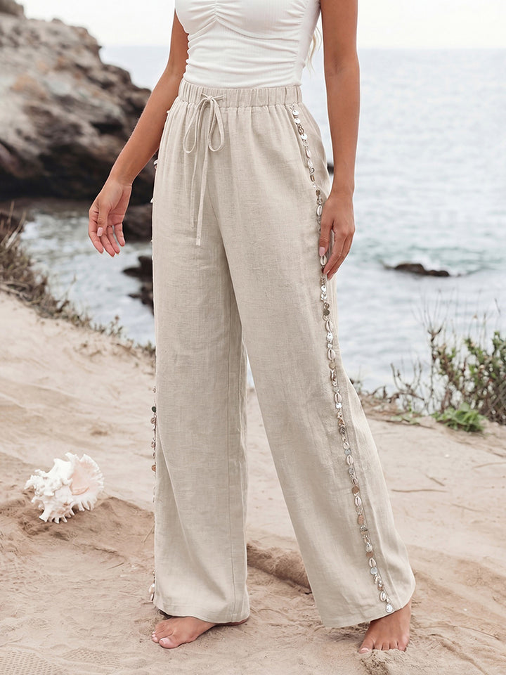Casual Resort-Style Sequined Shell-Motif Wide-Leg Pants
