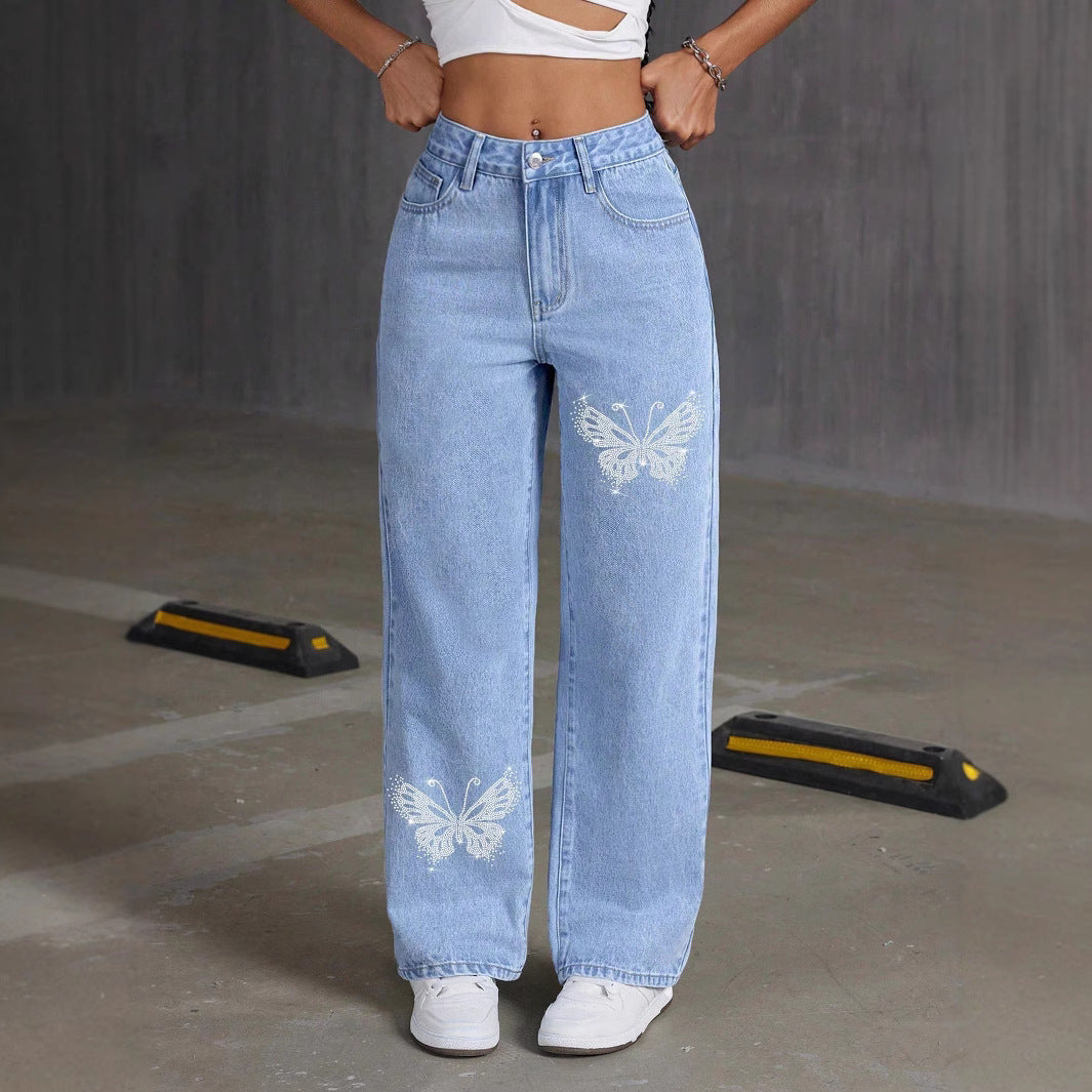 Rhinestone butterfly straight leg jeans