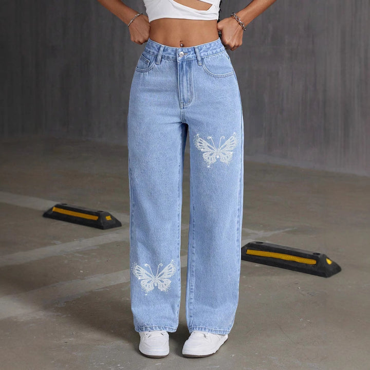 Rhinestone butterfly straight leg jeans